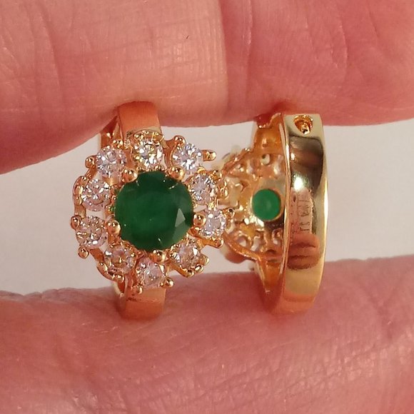 18K Yellow Gold Filled Flower Jade Green Diamond Zircon Hoop Huggie Earrings - Picture 3 of 6